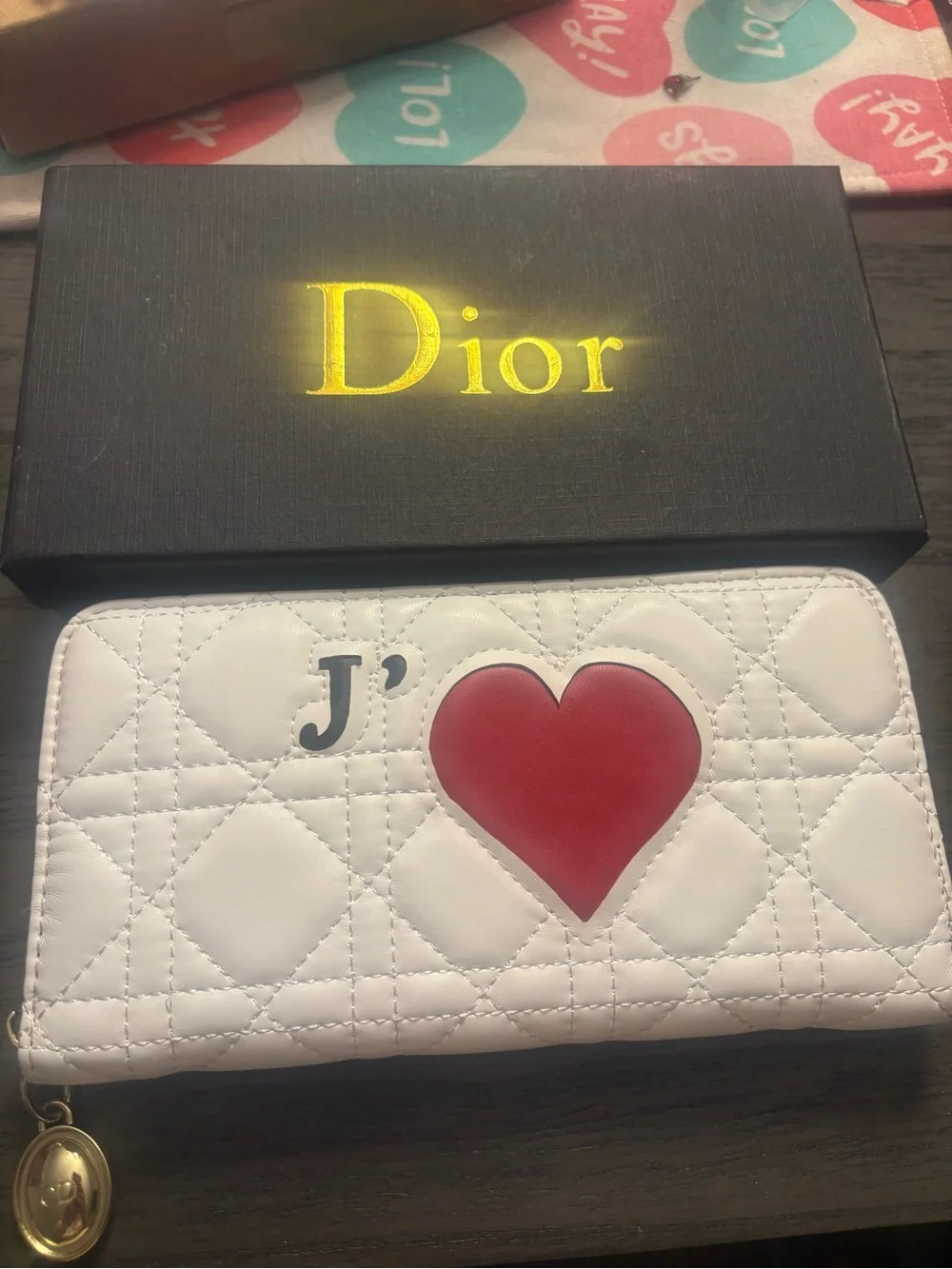 Dior inspiredWhite Quilted Leather Zip Around Wallet with Red Heart